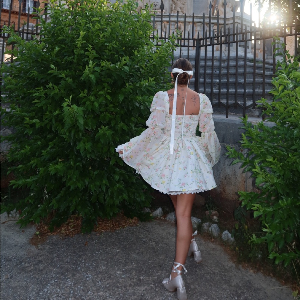 SHEIN Cream Floral Puff Sleeve Mini Dress - Picture 5 of 7